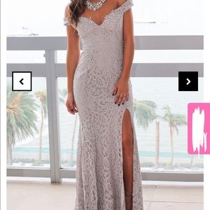 Gray Lace Off Shoulder Maxi Dress